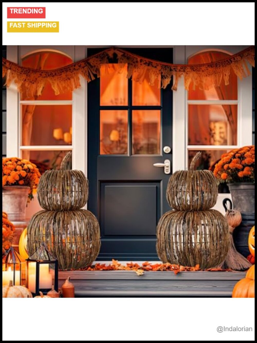 Woven Bamboo Rattan Pumpkin 2-Piece Set Stackable Fall Porch Decor
